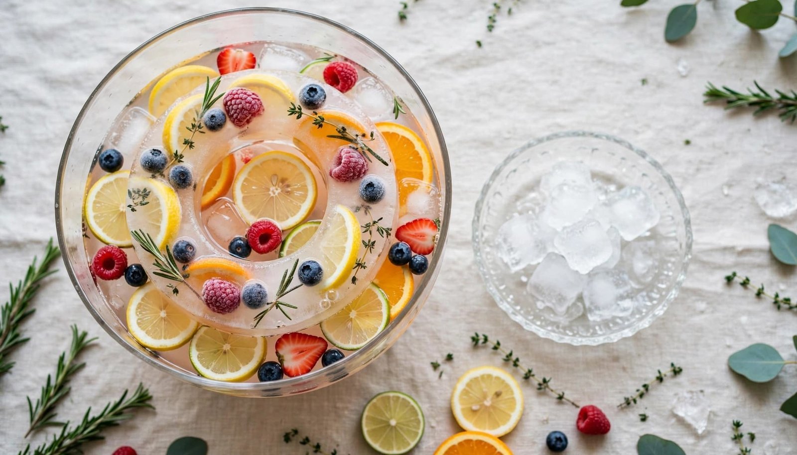 A glass punch bowl filled with fruit, berries, and a large decorative ice ring.