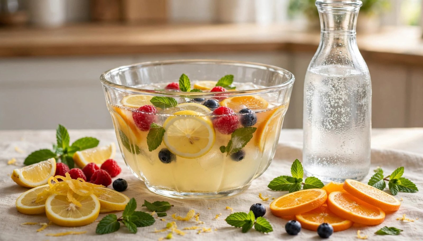 A glass punch bowl filled with citrus punch, fruit slices and mint, next to a carafe of water.