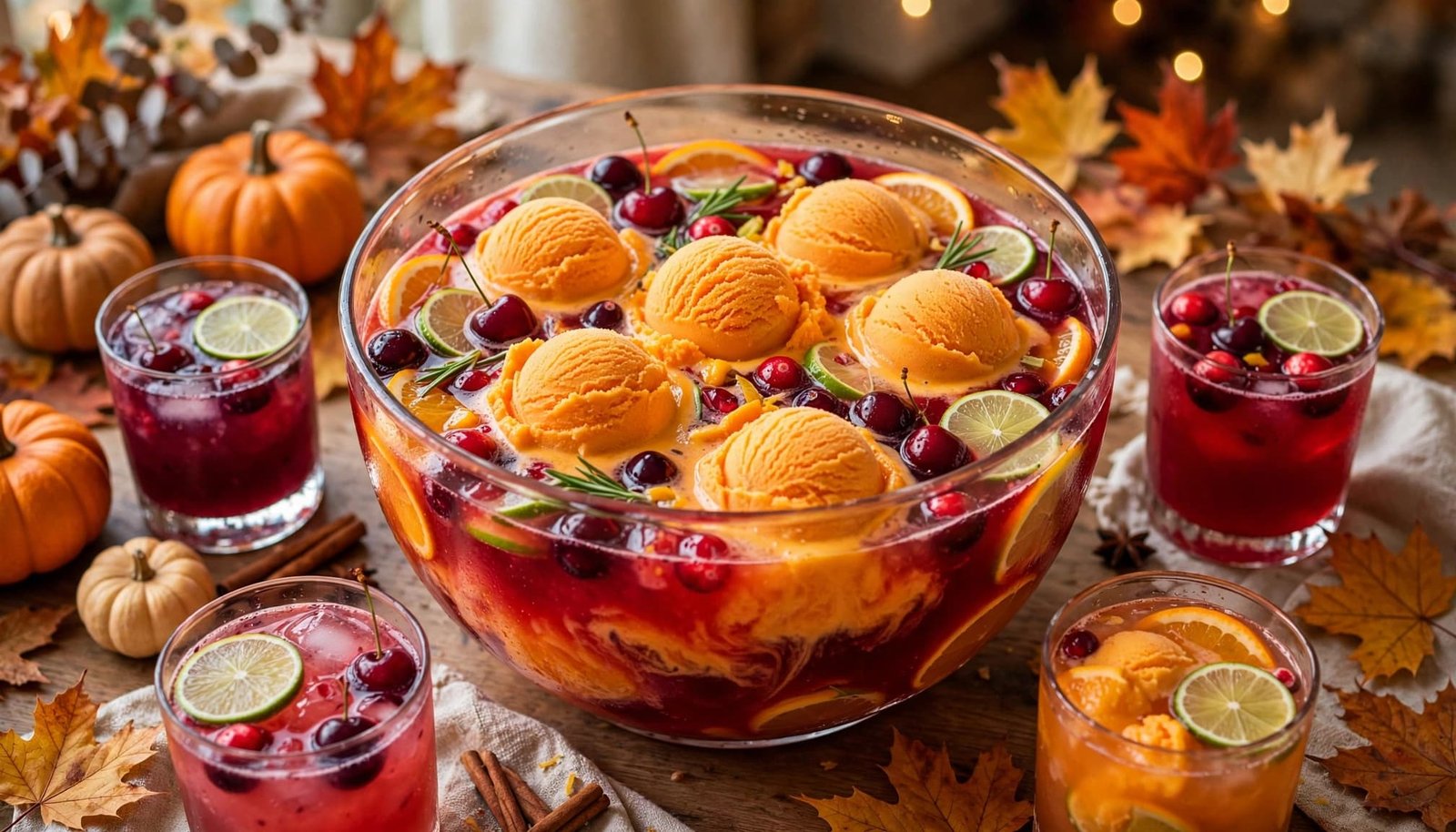 A Halloween punch bowl with orange sherbet scoops, berries, and citrus slices, surrounded by glasses of punch.