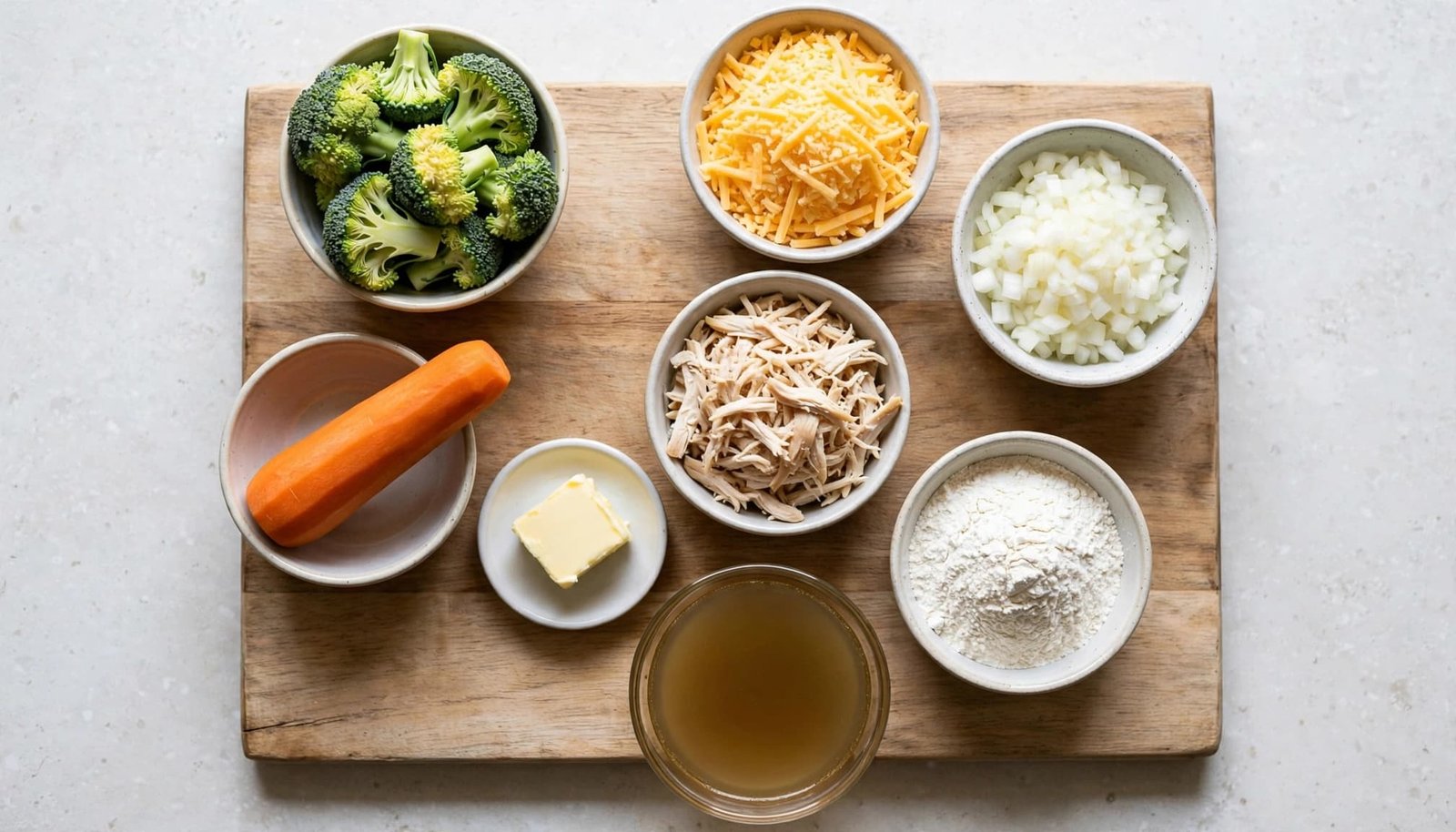 Overhead view of recipe ingredients on a wooden board, including broccoli, cheese, onions, and chicken.
