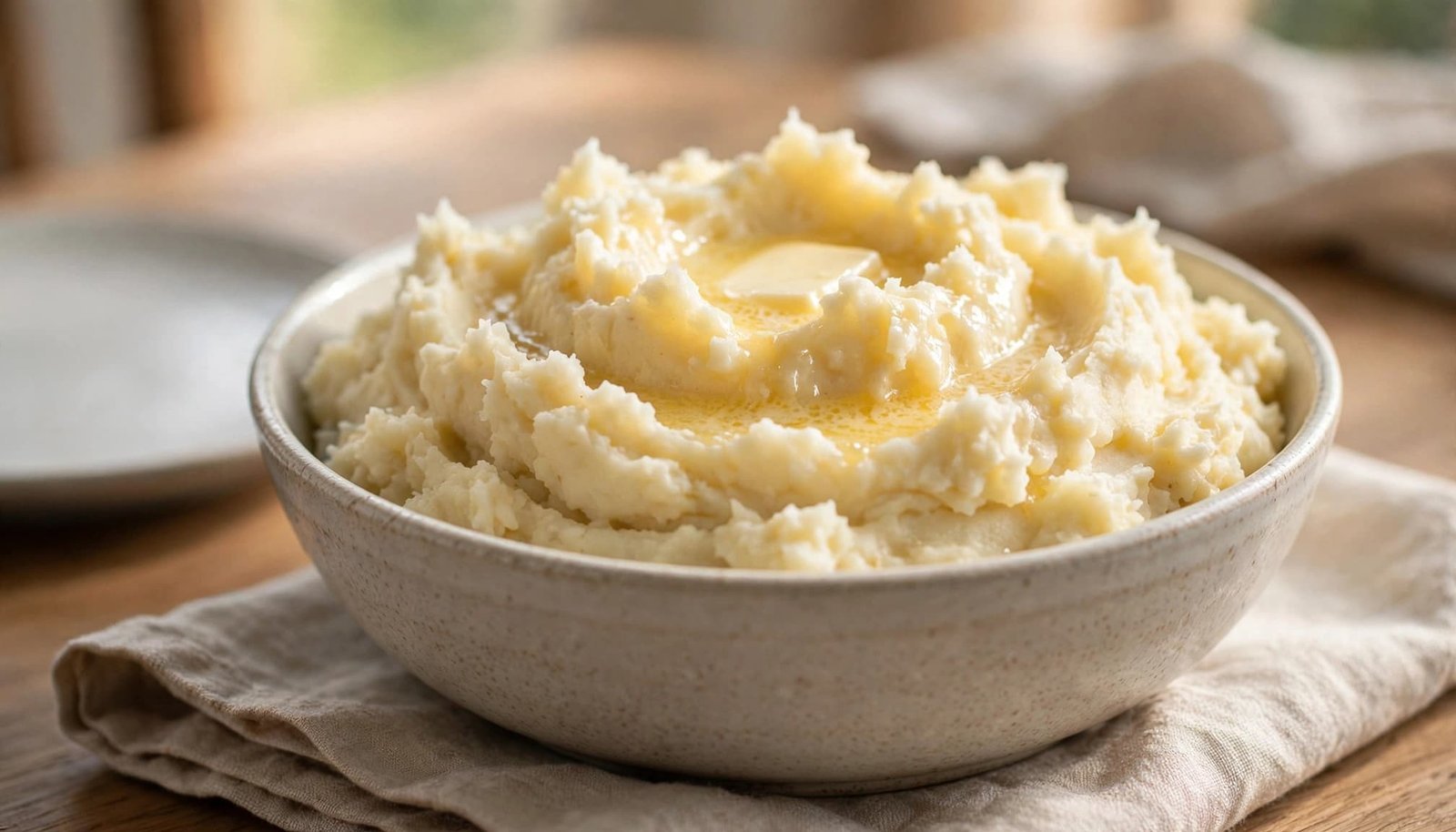 A ceramic bowl filled with creamy mashed potatoes and a melting pat of butter on top.