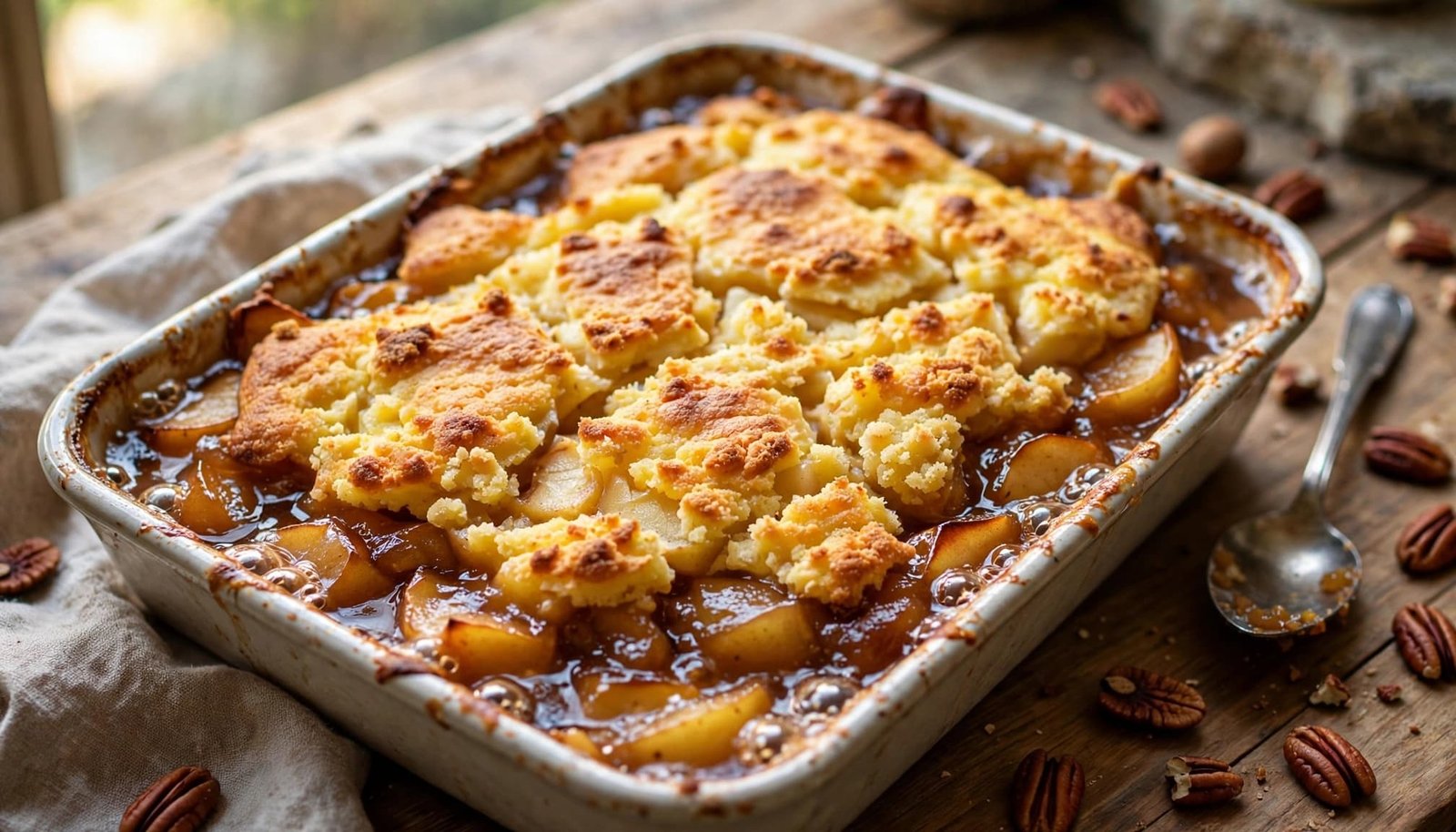A freshly baked apple dump cake in a white casserole dish with pecans on the wooden table.