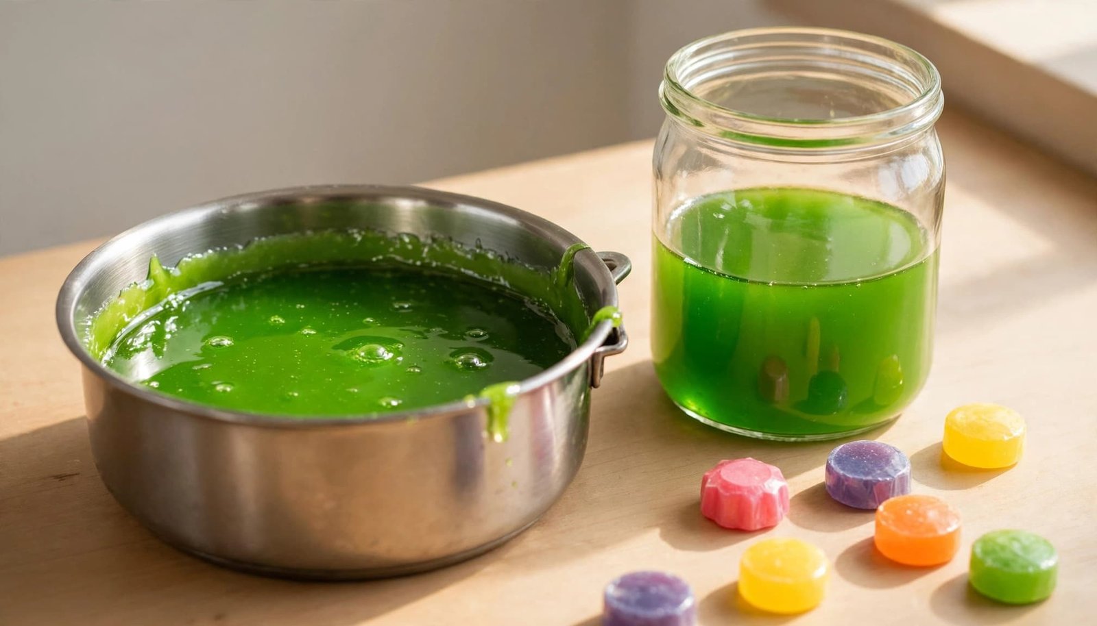 A saucepan of green syrup and a glass jar of syrup with colorful candies on a counter.