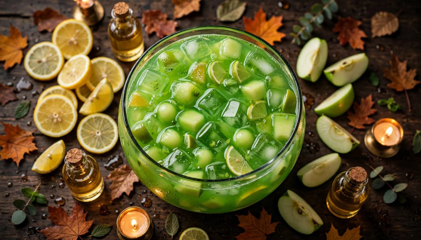 A glass bowl of green punch with ice and fruit, surrounded by lemons, apples, candles, and leaves.