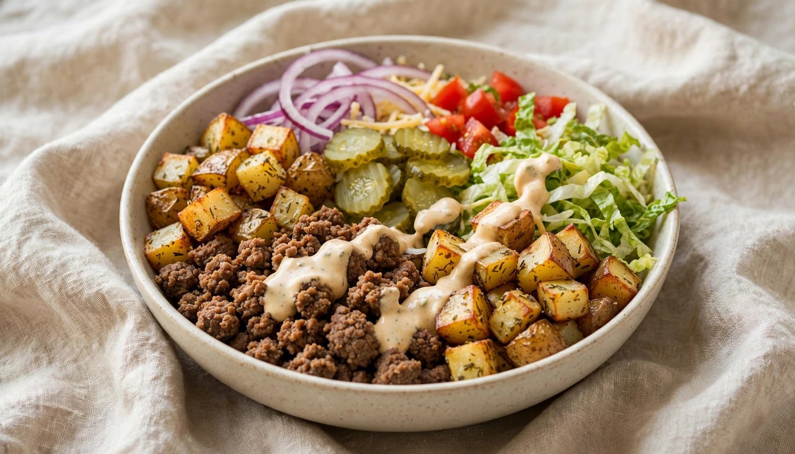 A ceramic bowl filled with burger bowl ingredients, including beef, potatoes, lettuce, pickles, tomatoes, and sauce.