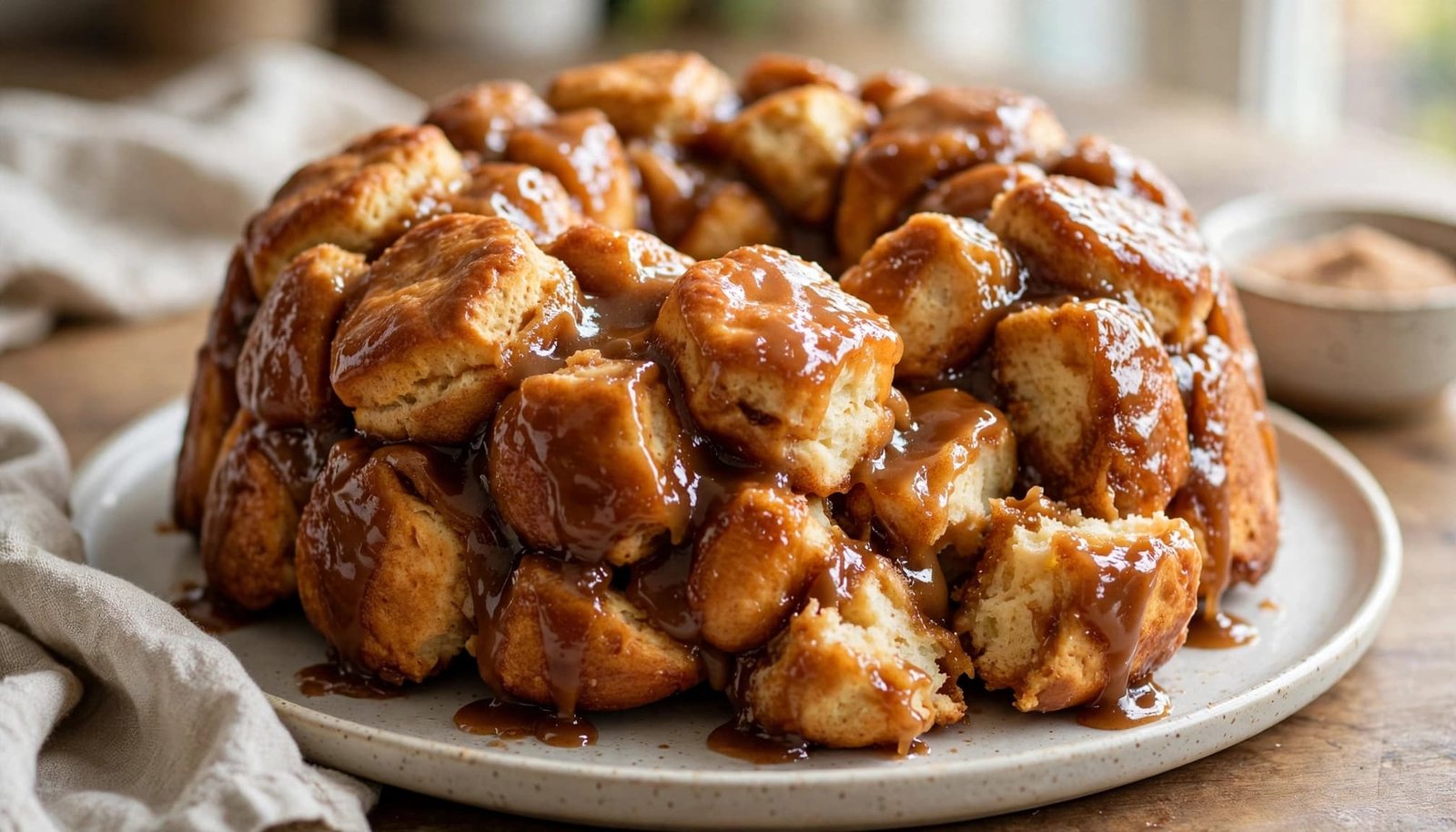 A freshly baked monkey bread drizzled with brown sugar glaze on a ceramic plate.