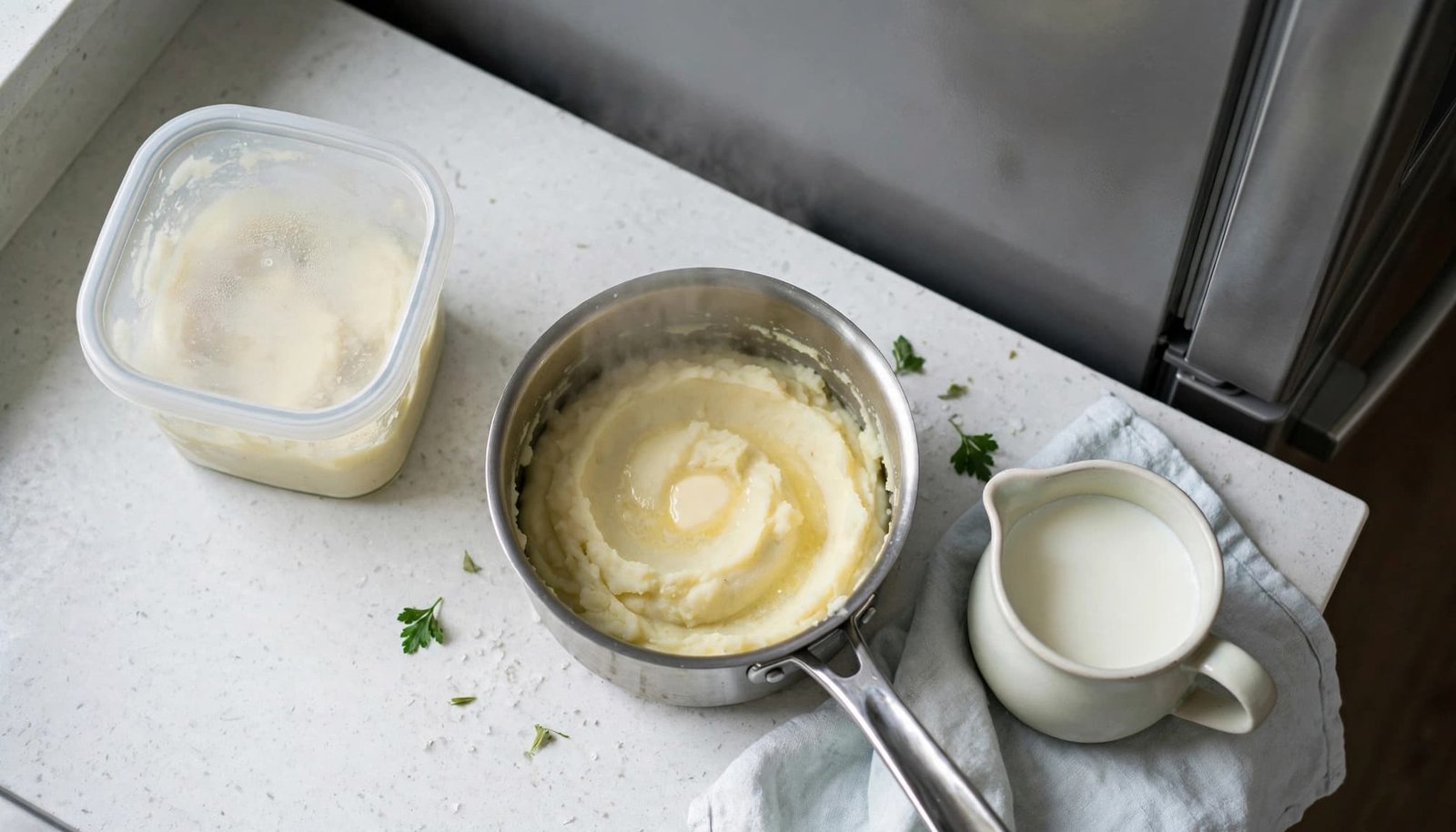 A container of mashed potatoes, a saucepan of potatoes, and a pitcher of milk on a counter.