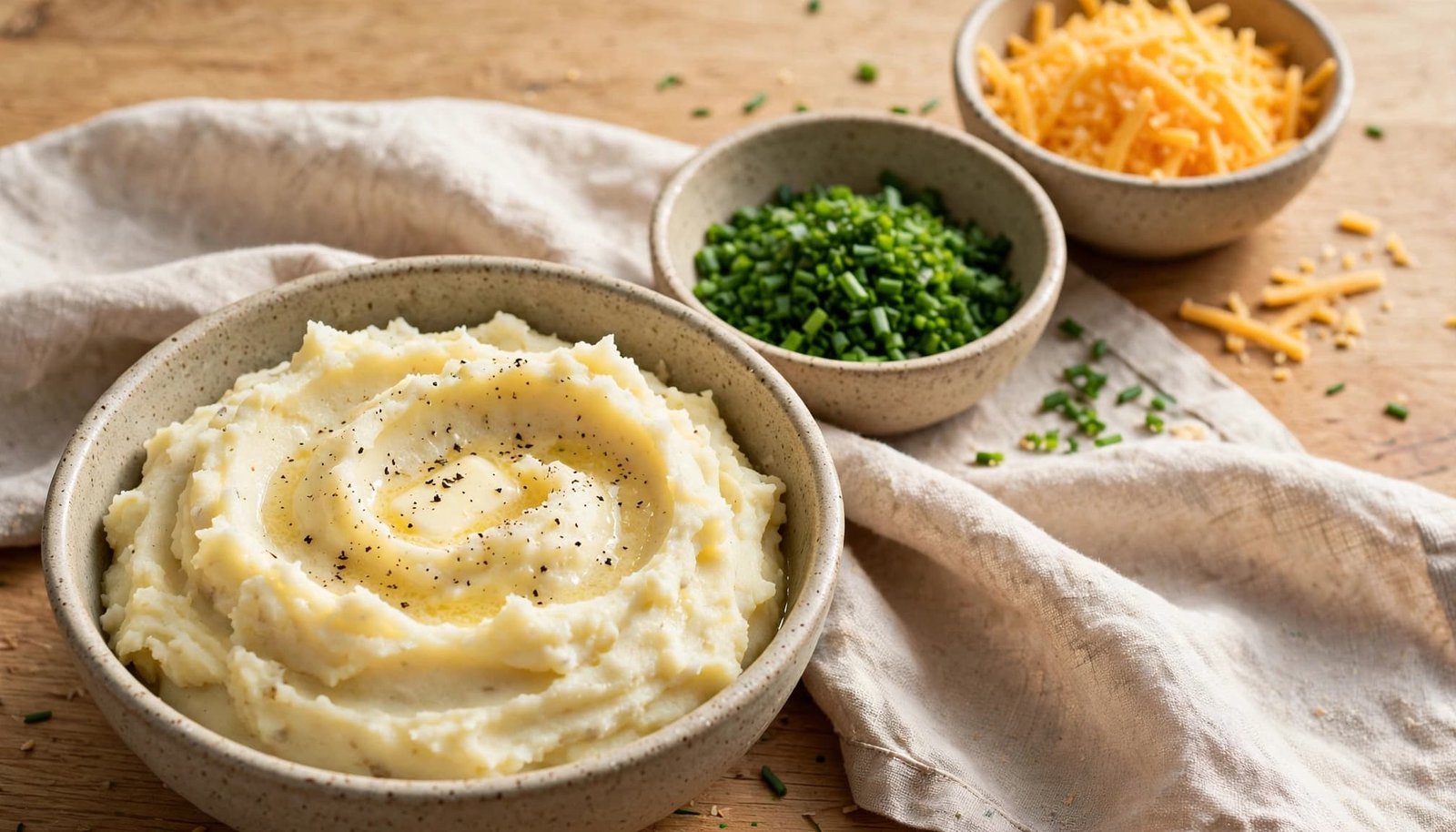 A bowl of mashed potatoes with butter and pepper, alongside small bowls of chopped chives and shredded cheese.
