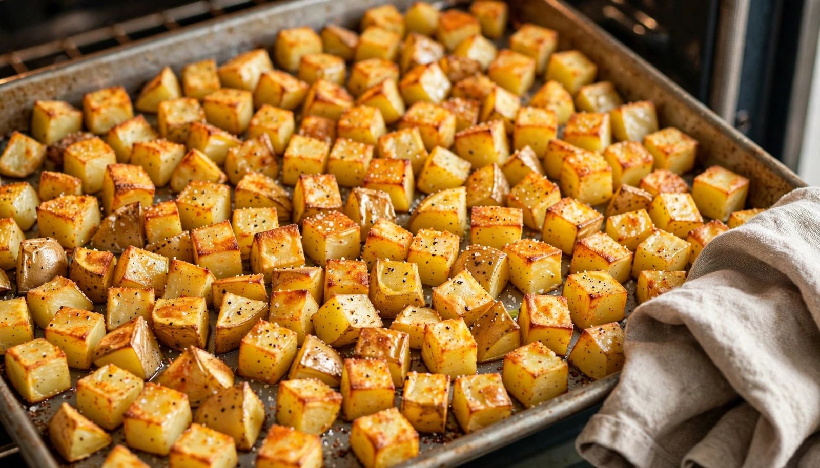 A sheet pan filled with roasted golden potato cubes and a kitchen towel.