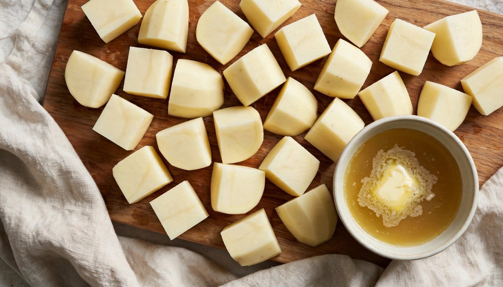Peeled potato chunks on a wooden cutting board with a small bowl of broth and butter.
