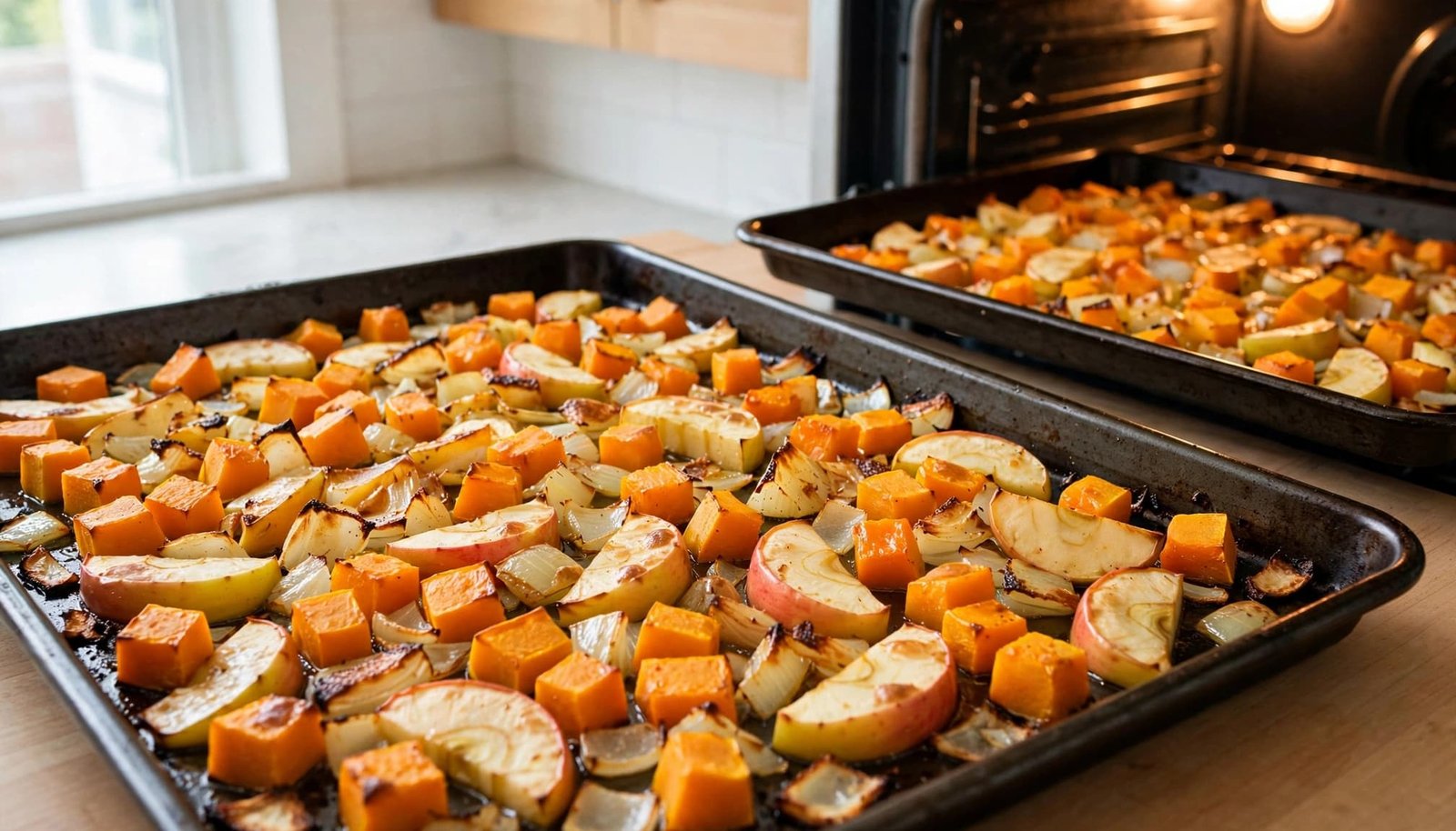 Two sheet pans filled with roasted butternut squash, apple wedges, and onions.