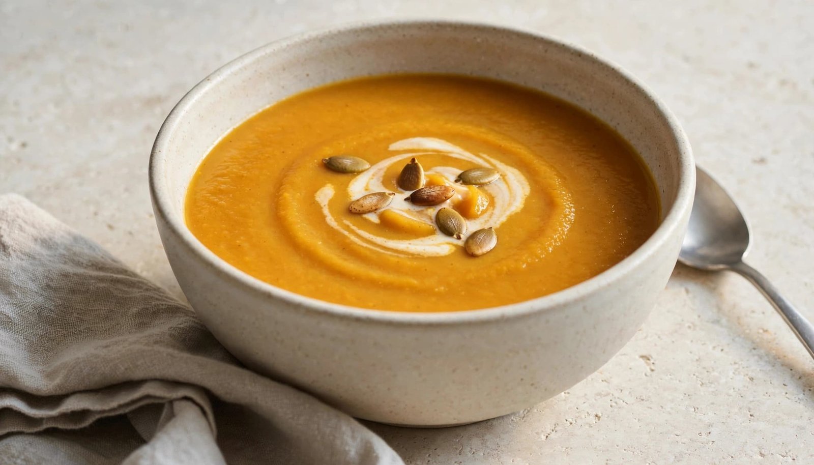 A bowl of butternut squash soup with cream swirl and pumpkin seeds, next to a spoon and linen.