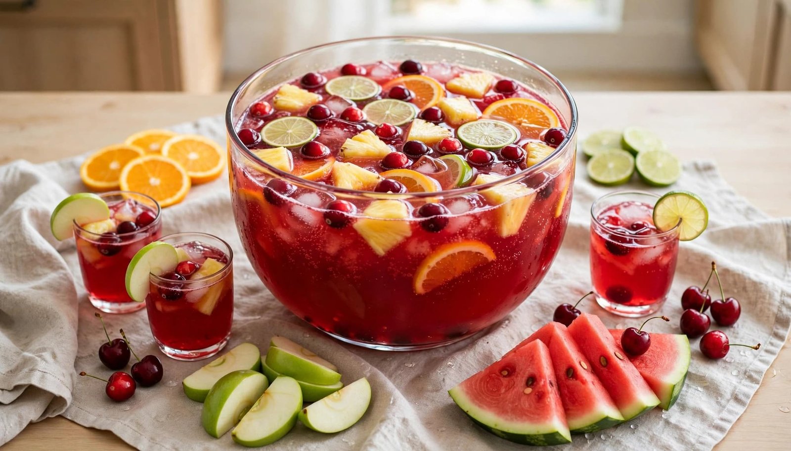 A large glass bowl of red punch filled with fruit slices, surrounded by smaller glasses, apples, watermelon, and cherries.