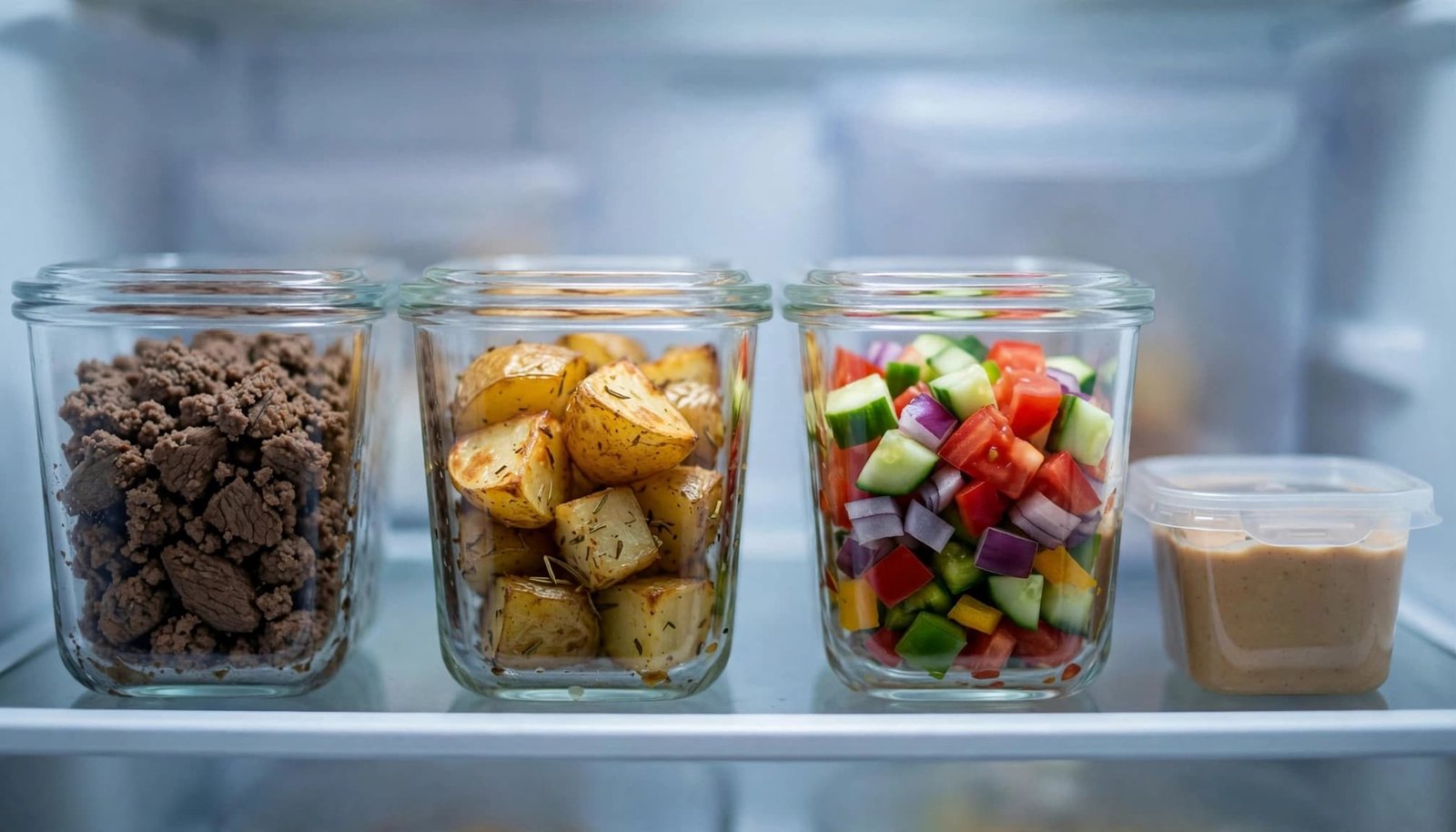Four clear glass containers with meal-prep ingredients are lined up on a refrigerator shelf.