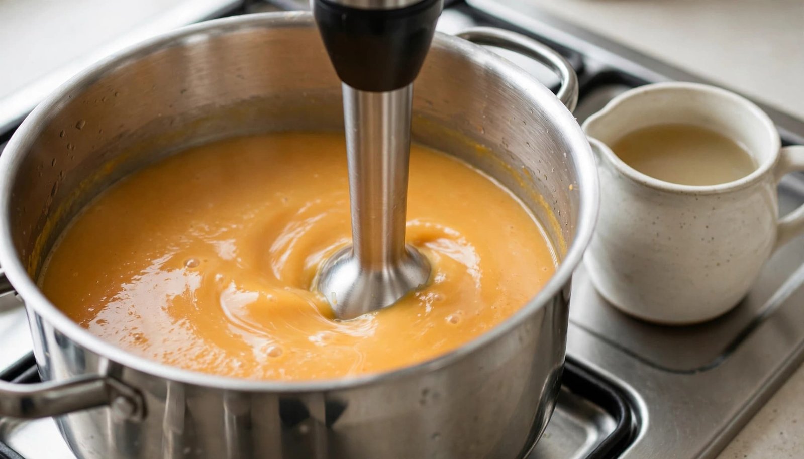 An immersion blender purees orange soup in a stainless steel pot on a stove.