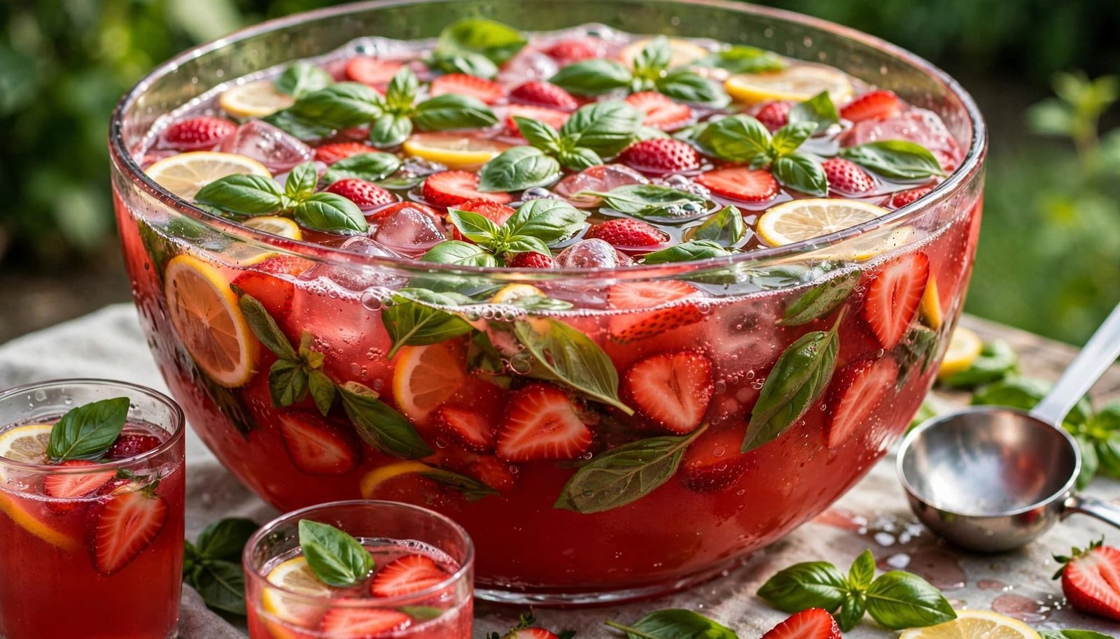 A glass punch bowl filled with strawberry basil lemonade punch, with sliced strawberries, lemon wheels, and a ladle nearby.
