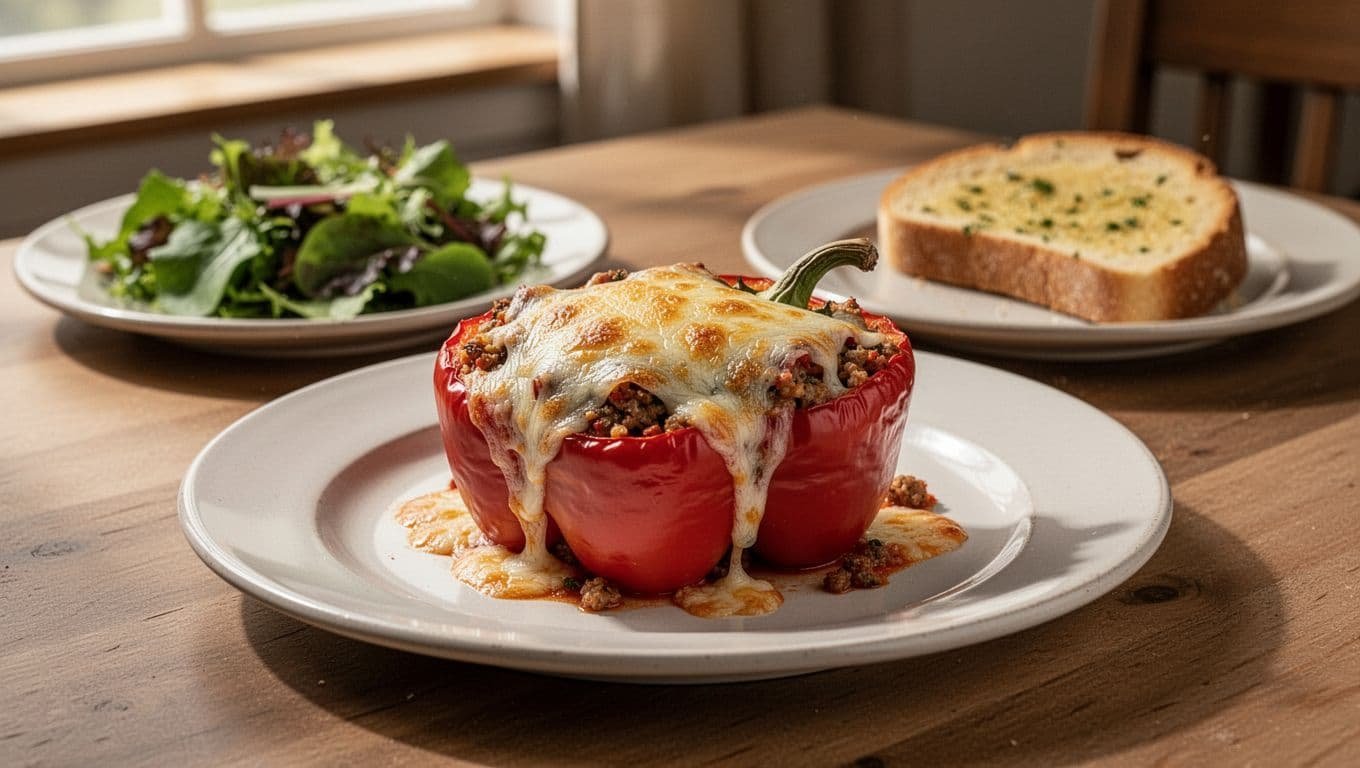 A cheesy stuffed pepper served with salad and garlic bread on a dinner plate.