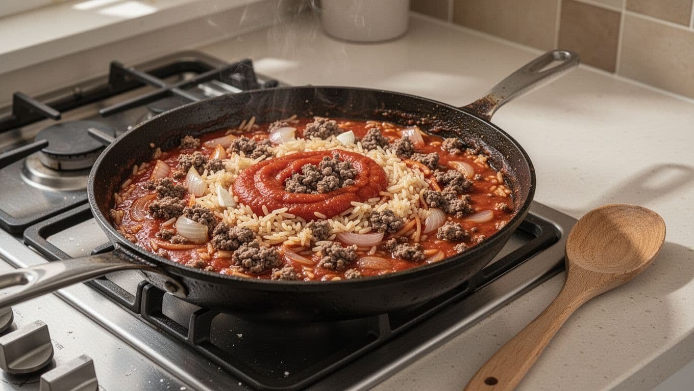 Skillet of beef, rice, onion, garlic, and tomato sauce beside a wooden spoon.