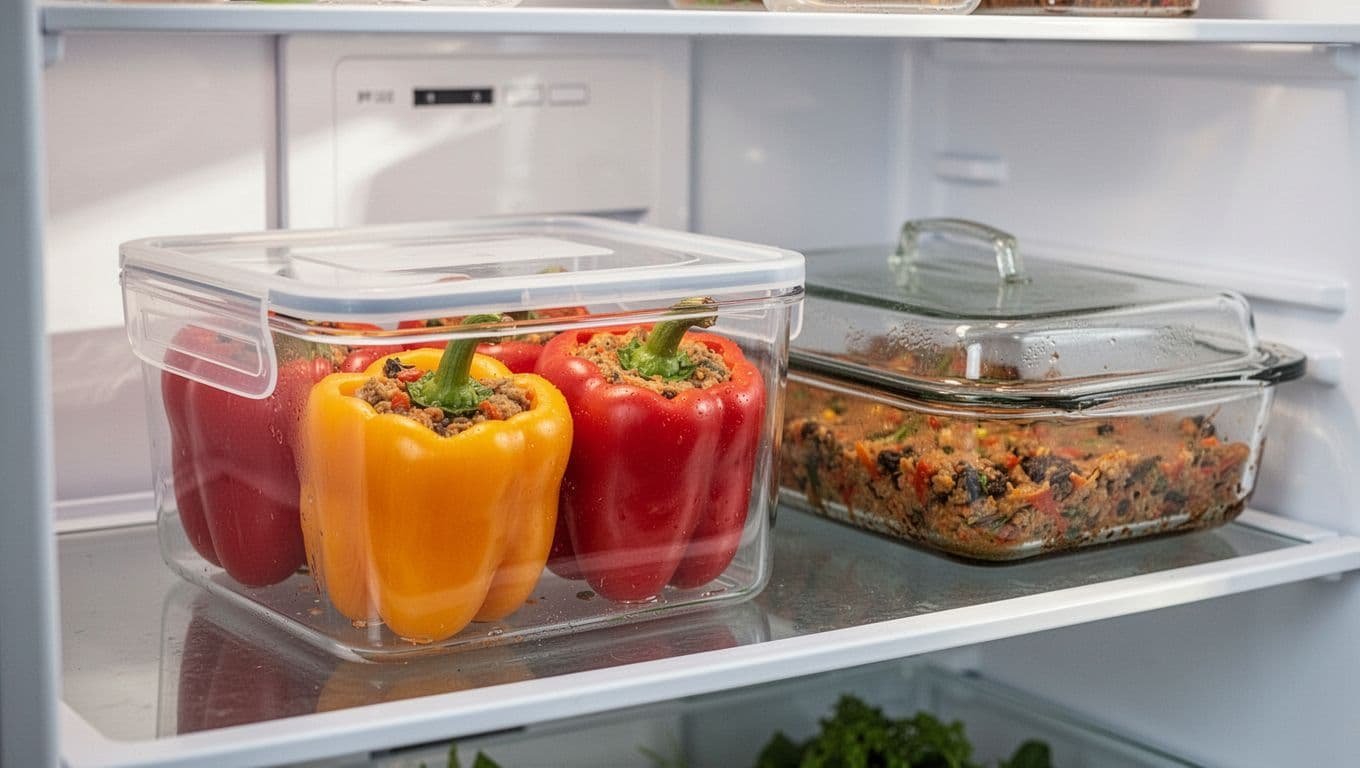 Stuffed pepper portions stored in a sealed container beside a covered baking dish.