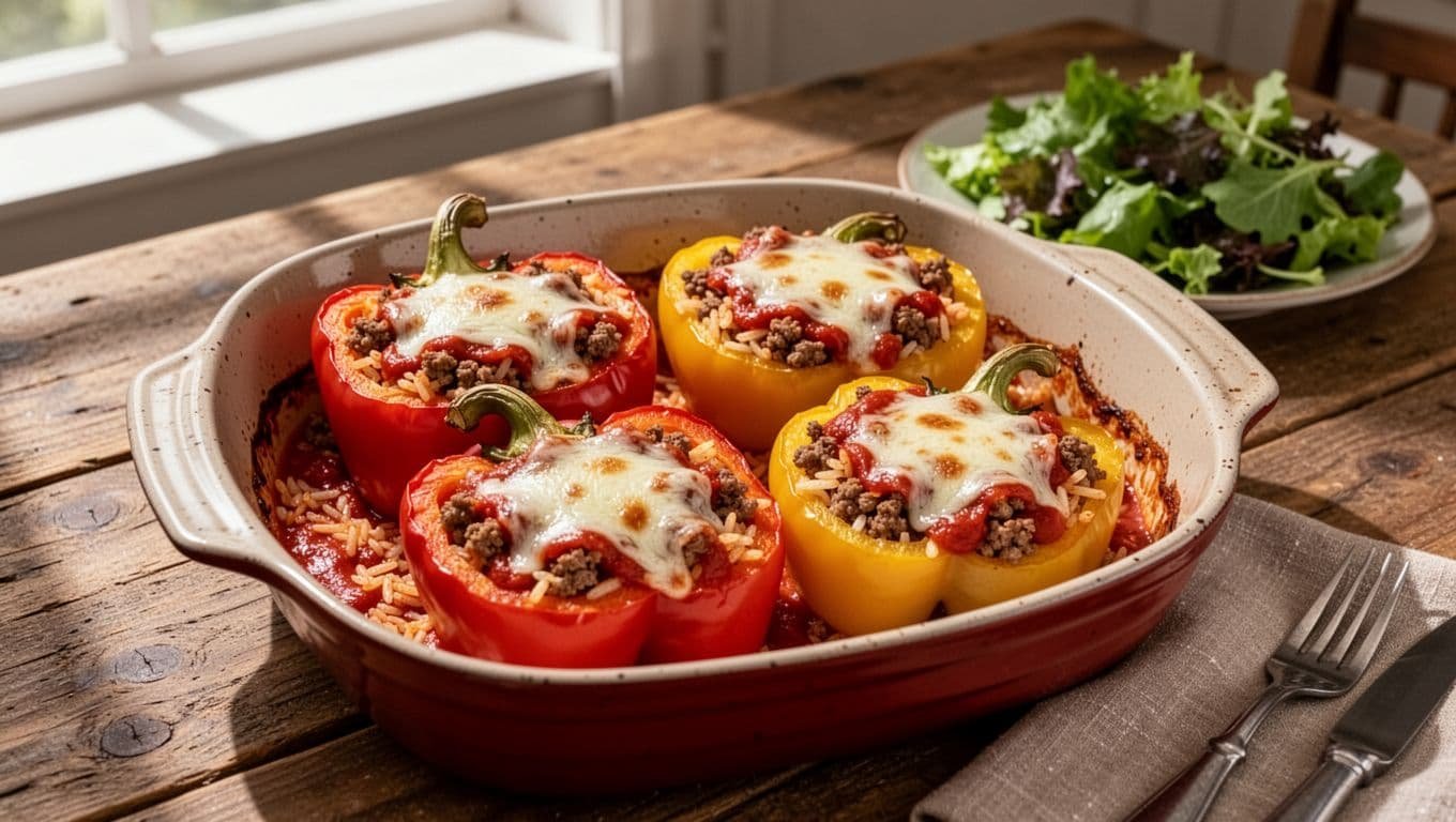 Four stuffed pepper halves with melted cheese sit in a baking dish beside a green salad.
