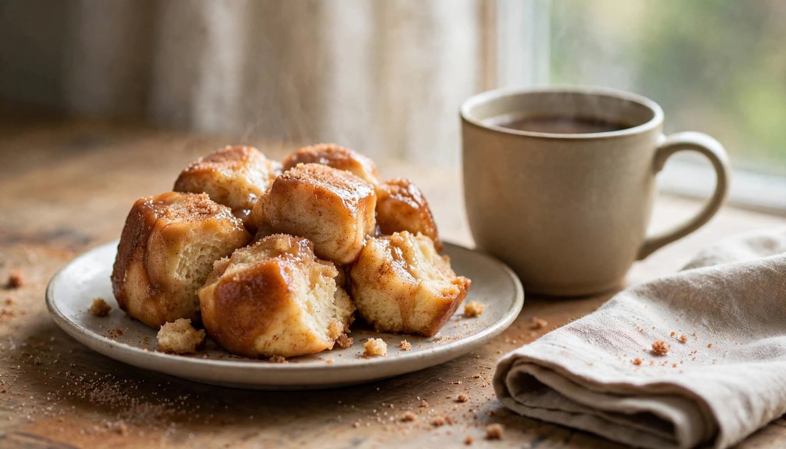 A plate of warm monkey bread and a cup of coffee on a wooden table.